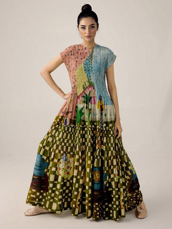 Maxi-Plisseekleid mit Retro-Print
