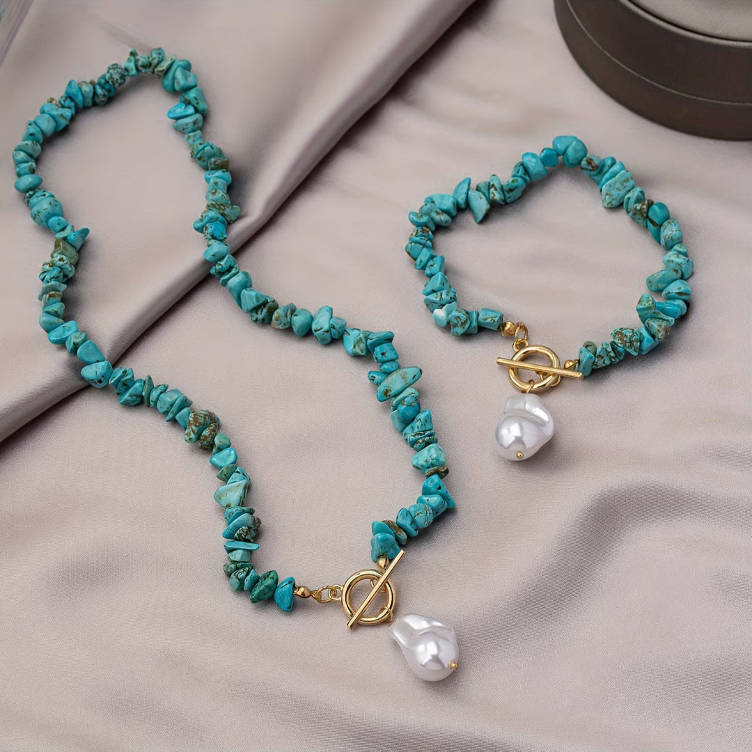 Set aus Türkis und Perlen Halskette und Armband