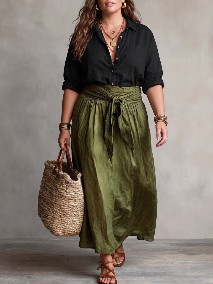 VERA™ - ELEGANTES ZWEITEILIGES SOMMERSET: SCHWARZE BLUSE & OLIVFARBENER ROCK