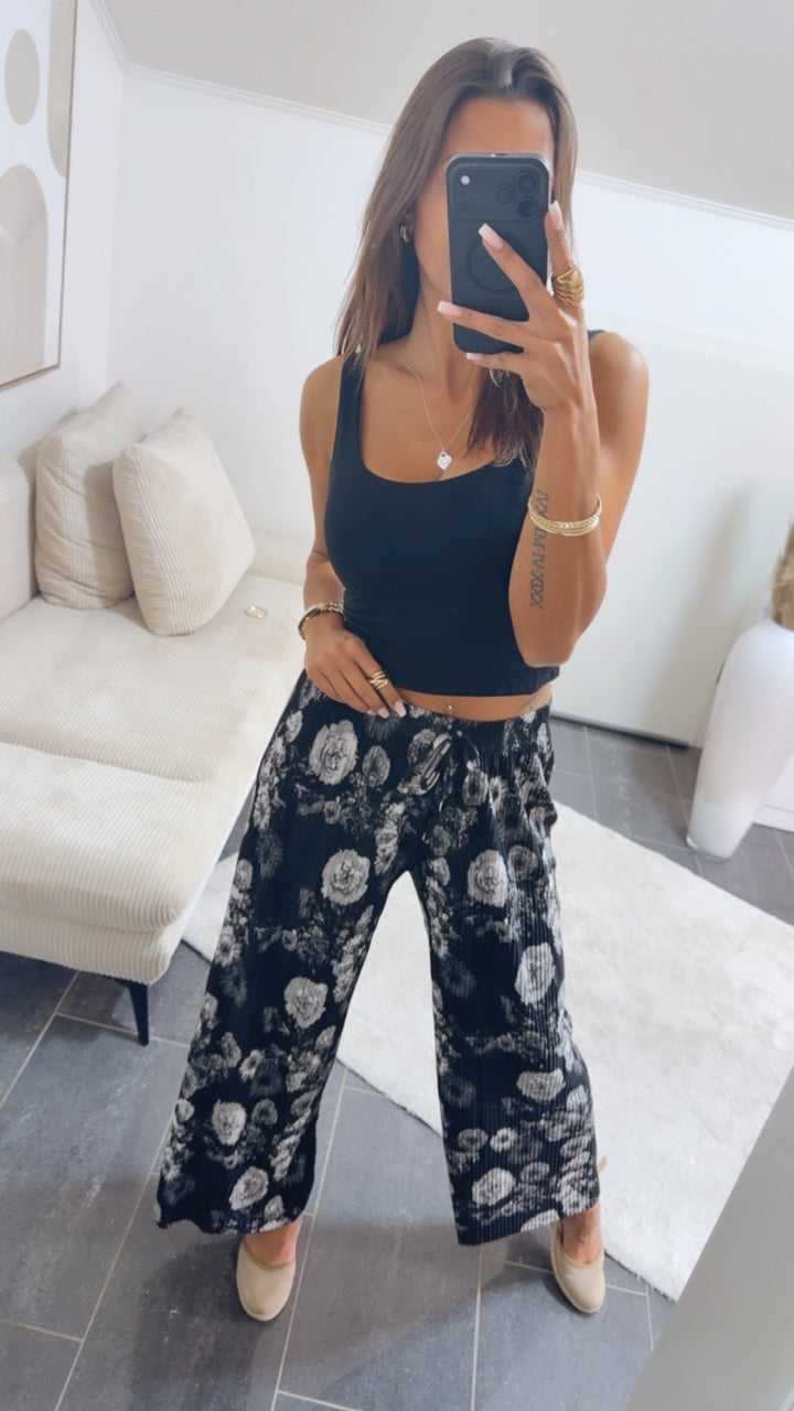 Leichte Plissee-Hose | Rosen-Muster Schwarz-Grau
