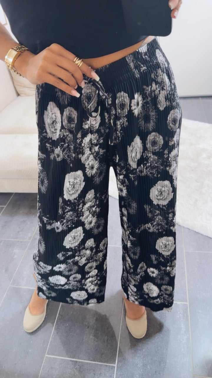Leichte Plissee-Hose | Rosen-Muster Schwarz-Grau