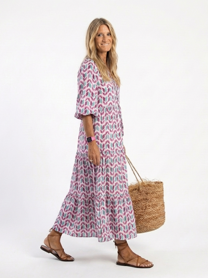 Mireya | Midikleid mit langen Ärmeln, geometrischem Druck und Volants
