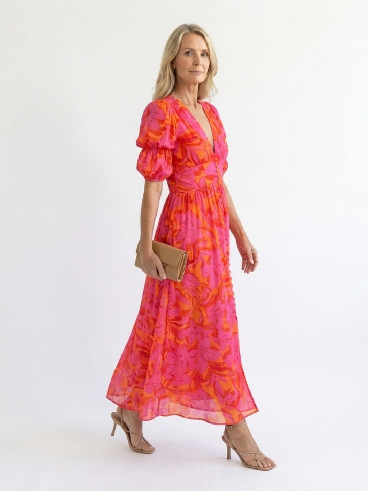 Willow | Midikleid mit V-Ausschnitt, Puffärmeln und Blumendruck