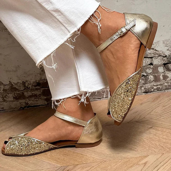 Glitzer-Patchwork Peeptoe-Sandalen in Gold mit Knöchelriemen und Schnalle