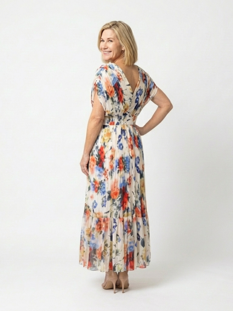 Savannah | Kurzärmeliges, plissiertes, florales Midikleid