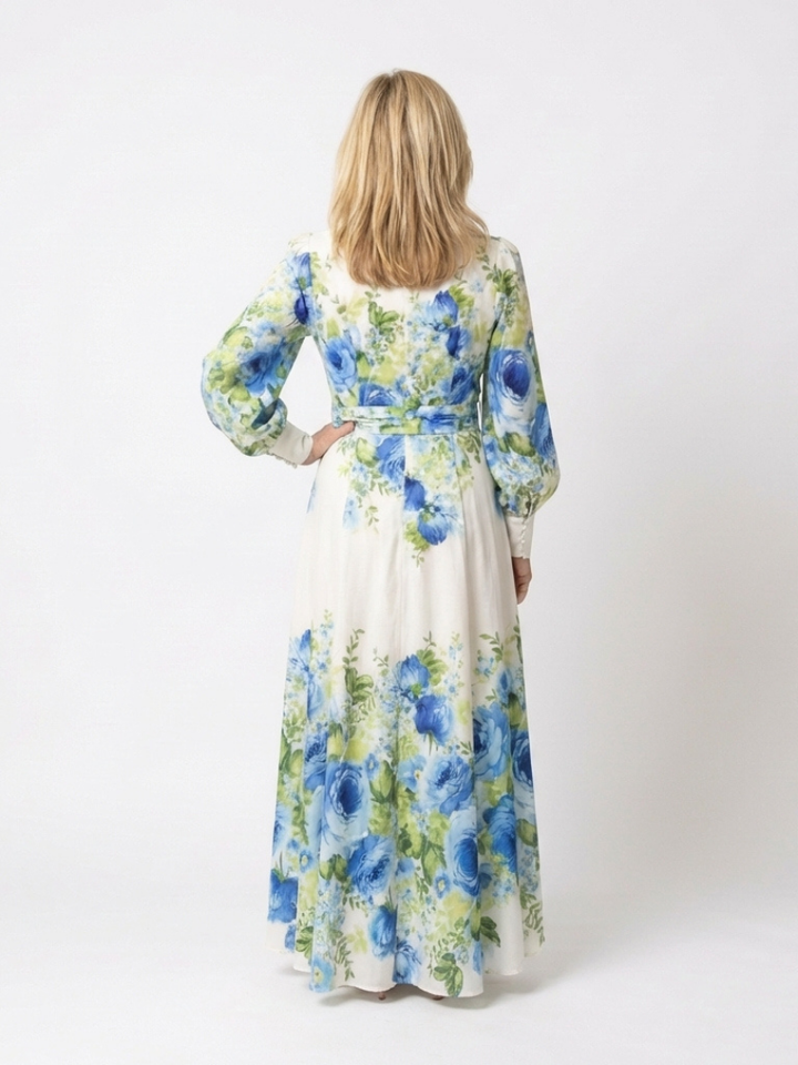Harper | Langärmliges Blumenknopf-Front Maxikleid