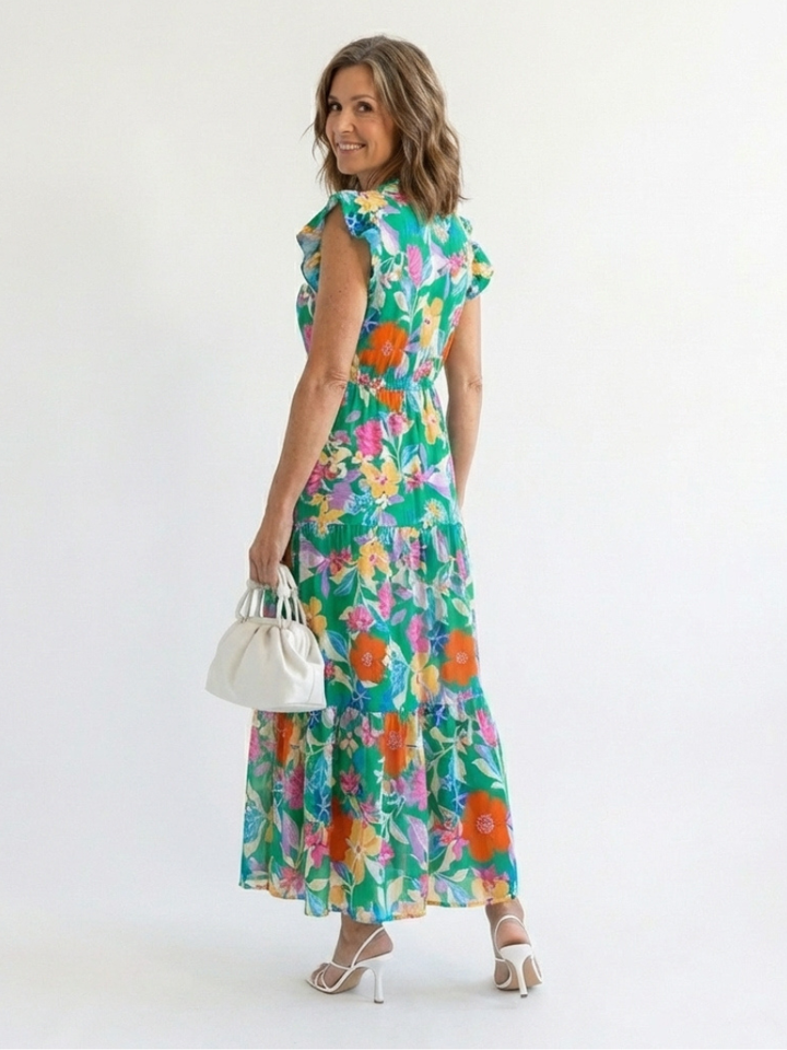 Lila | Midikleid mit V-Ausschnitt, Blumendruck und Volants