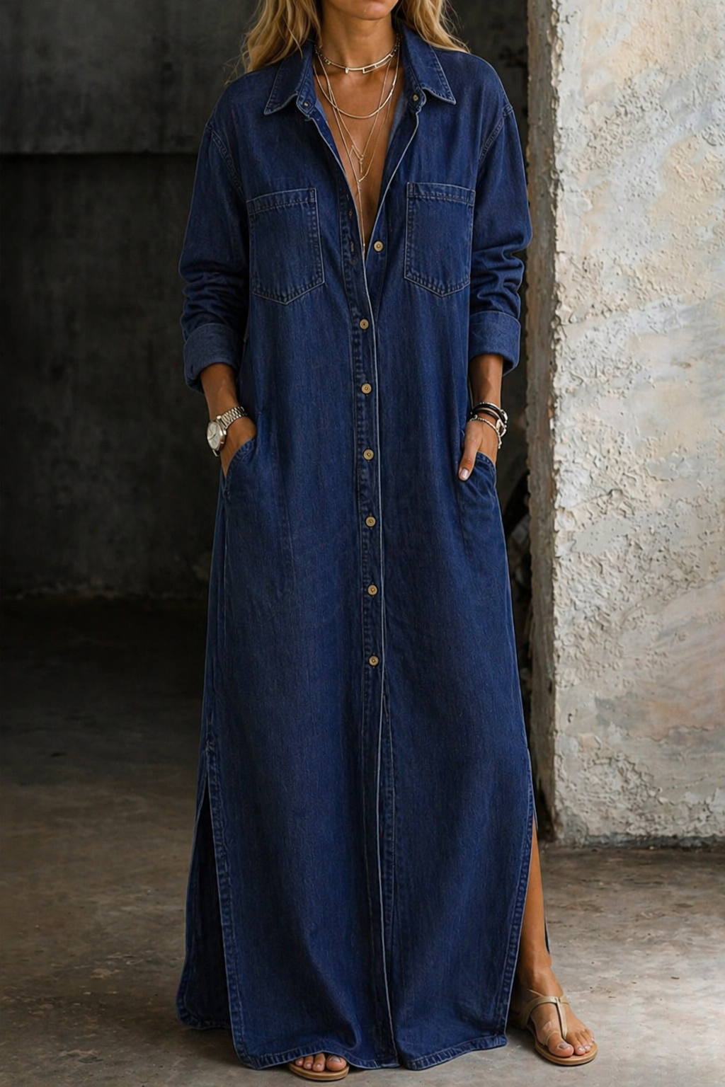 Mila | Denim Maxi Blusen Kleid