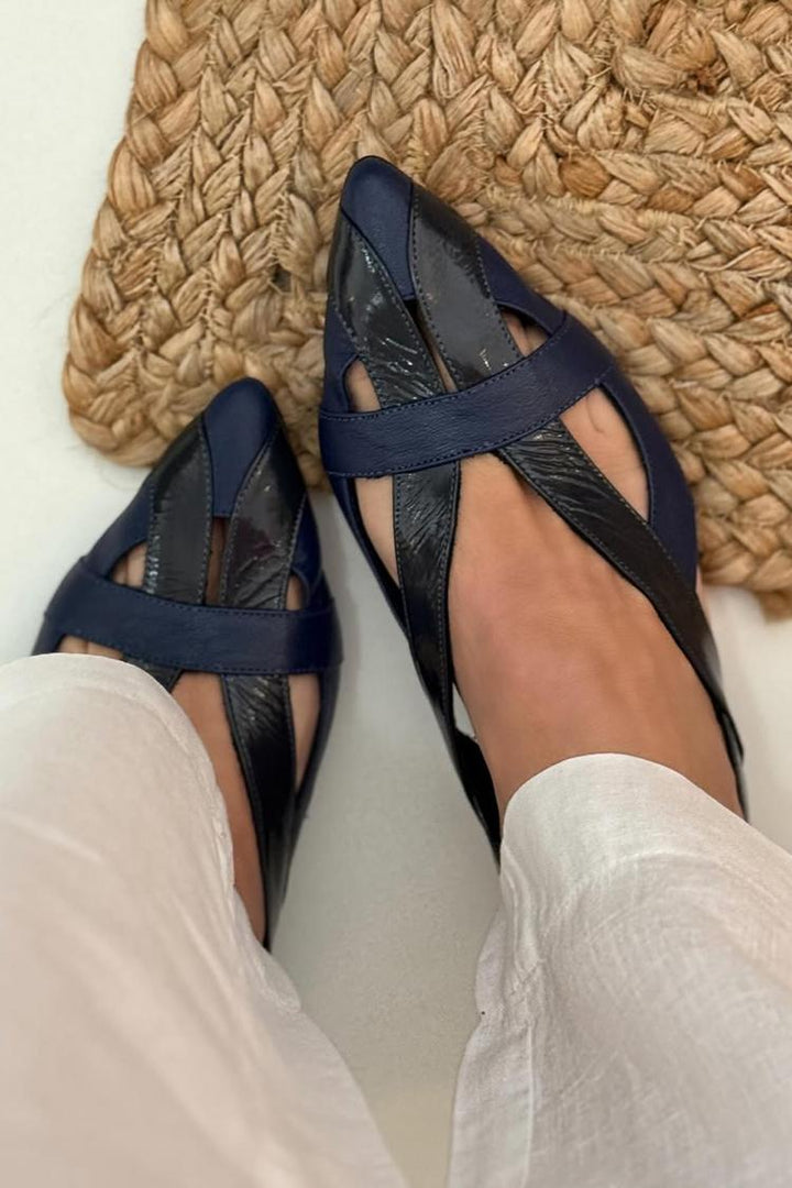 Ballerinas Slingback Cut-Out Patchwork Blau Navy mit Spitze
