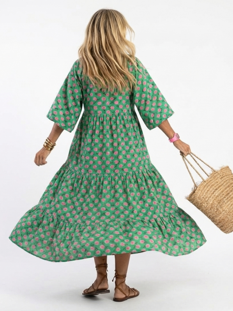 Fiora | Midikleid mit V-Ausschnitt, Blumendruck und Volants