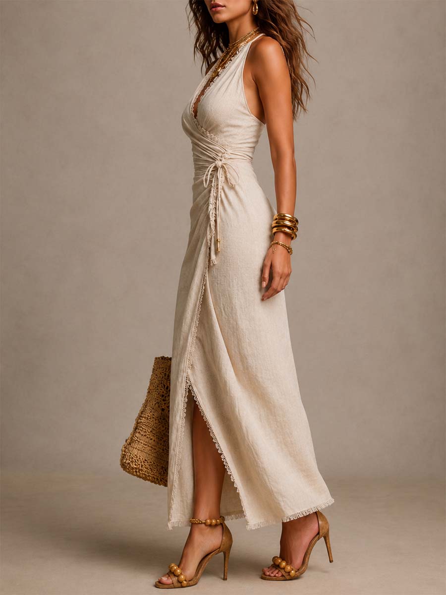 Tatiana | Midi-Kleid aus natürlichem Leinen mit gekreuztem Ausschnitt und Spitze