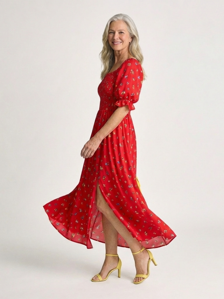 Delphine | Midikleid mit eckigem Ausschnitt, Puffärmeln und Blumendruck