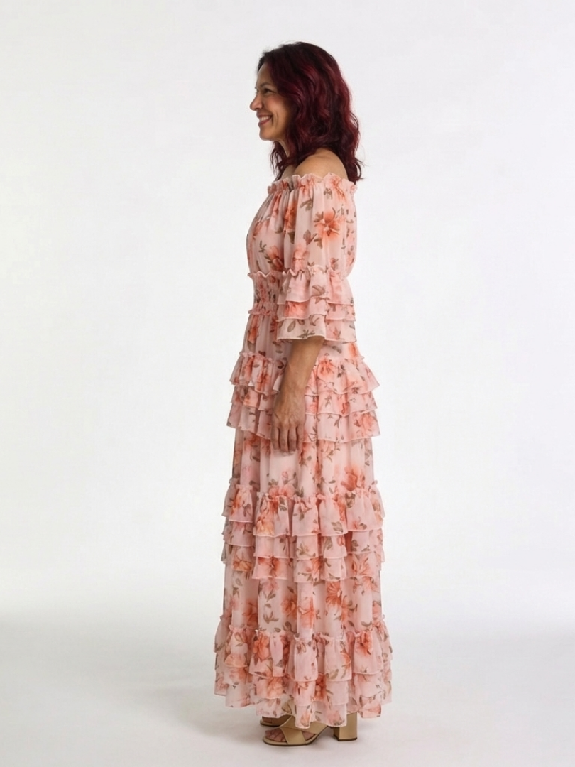 Rosalie | Schulterfreies Maxikleid mit Rüschen, Volants und Blumendruck