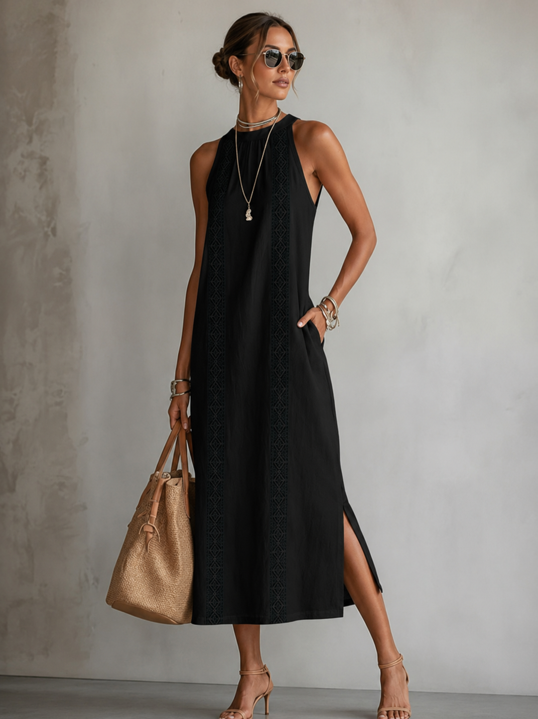 Marit | Luftiges bauchkaschierendes besticktes Kleid mit Taschen