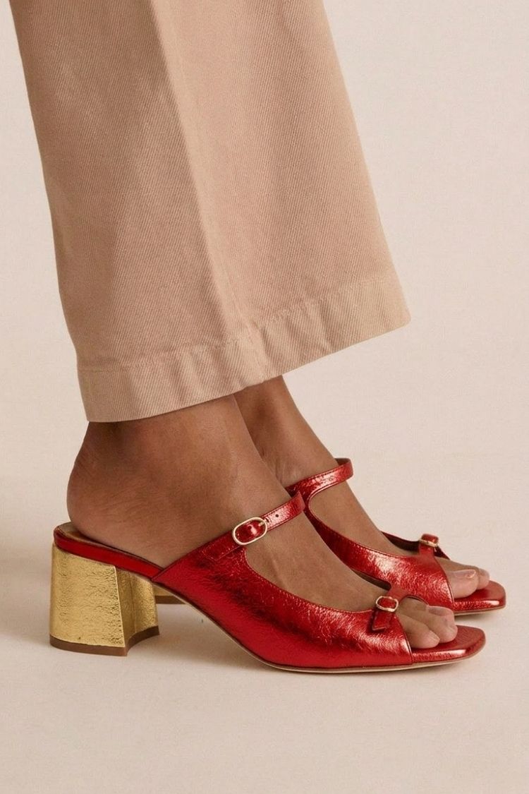 Breite Absatz Slingback Cut-Out Farbblock Gold