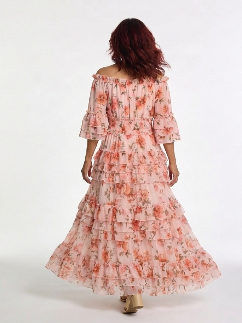 Rosalie | Schulterfreies Maxikleid mit Rüschen, Volants und Blumendruck