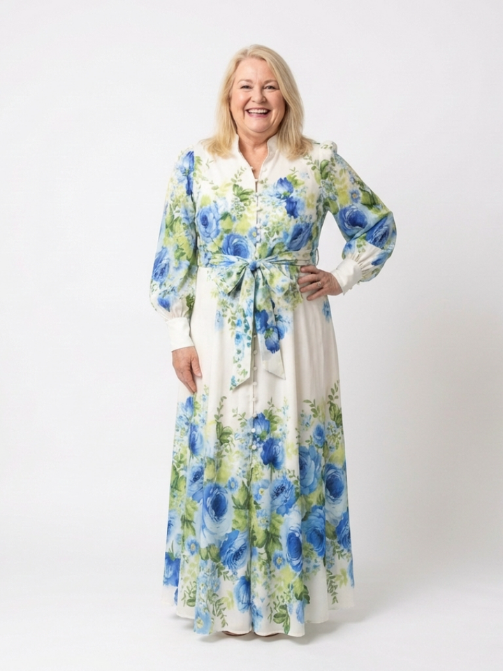 Harper | Langärmliges Blumenknopf-Front Maxikleid