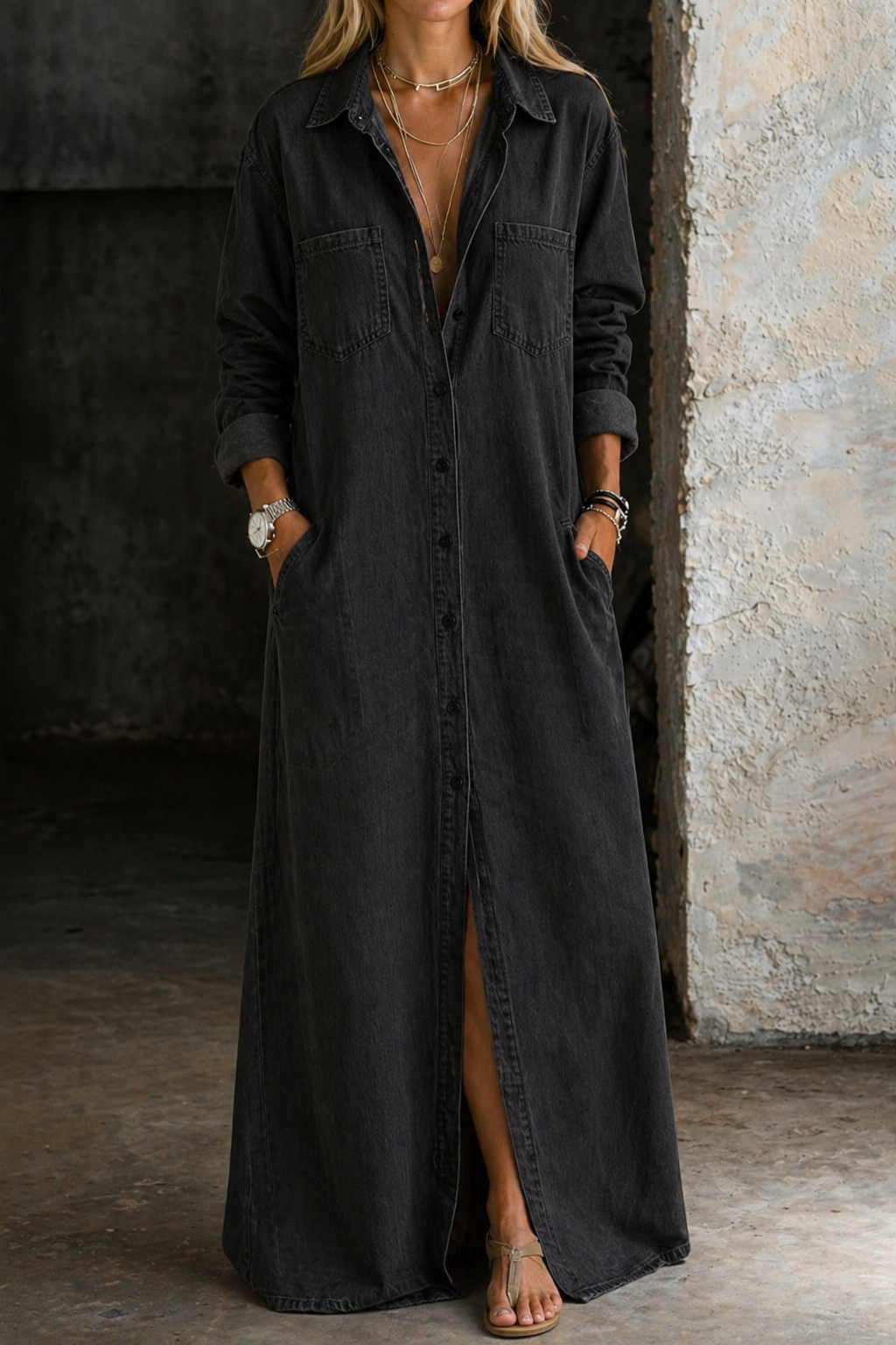 Mila | Denim Maxi Blusen Kleid