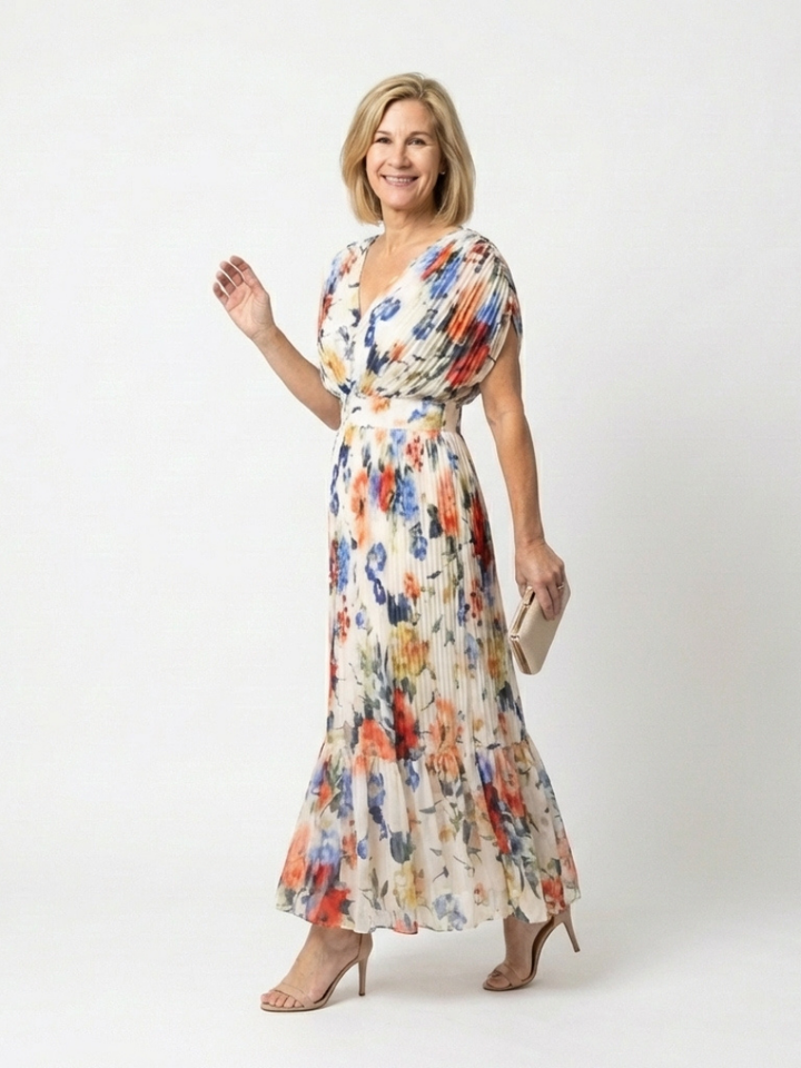 Savannah | Kurzärmeliges, plissiertes, florales Midikleid