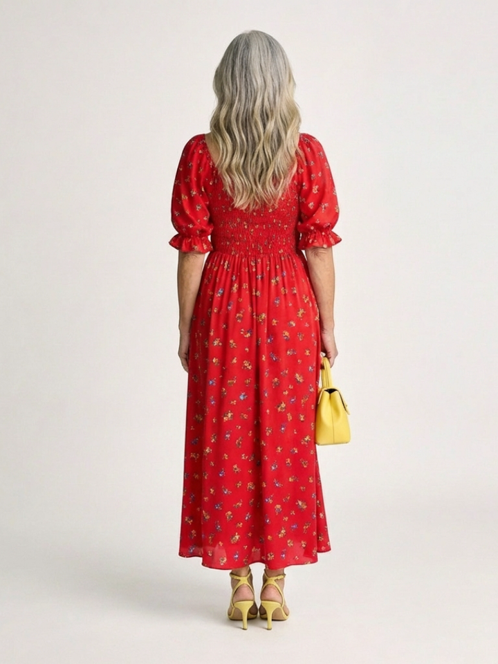 Delphine | Midikleid mit eckigem Ausschnitt, Puffärmeln und Blumendruck