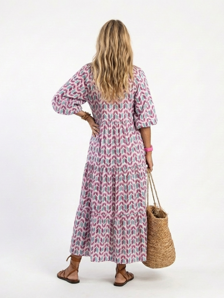 Mireya | Midikleid mit langen Ärmeln, geometrischem Druck und Volants