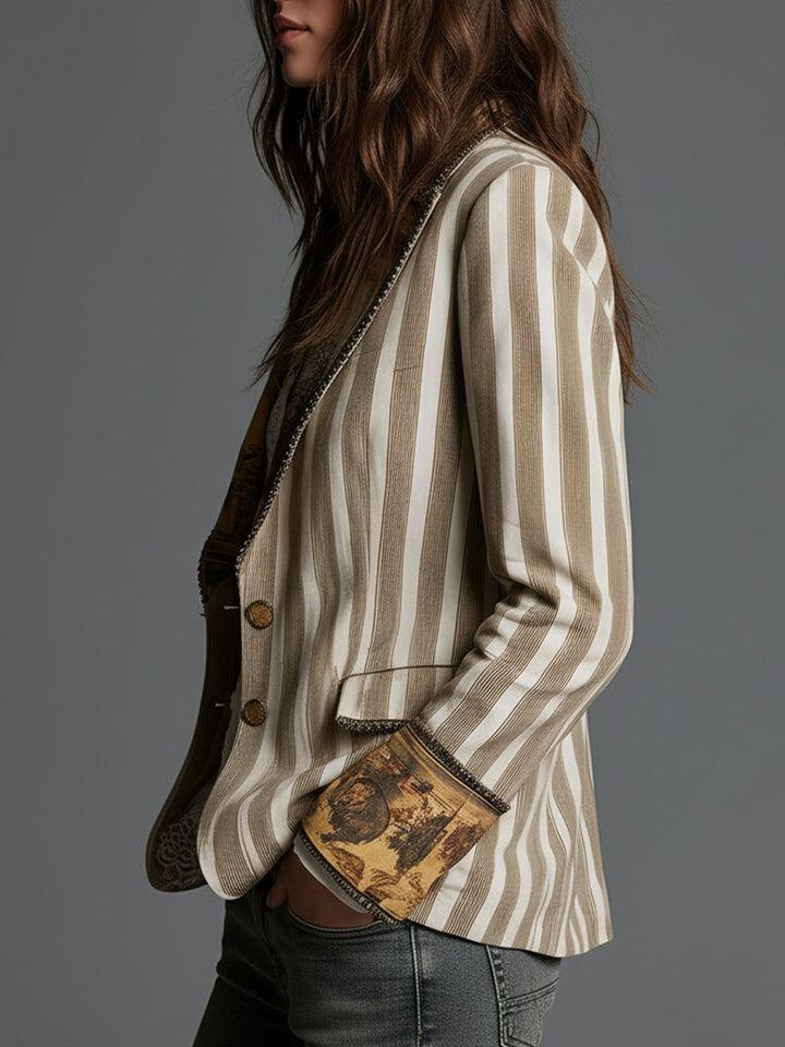 Suzanne | Bohemian Gestreifter Blazer mit Bedrucktem Kragen