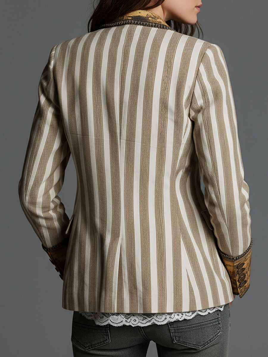 Suzanne | Bohemian Gestreifter Blazer mit Bedrucktem Kragen