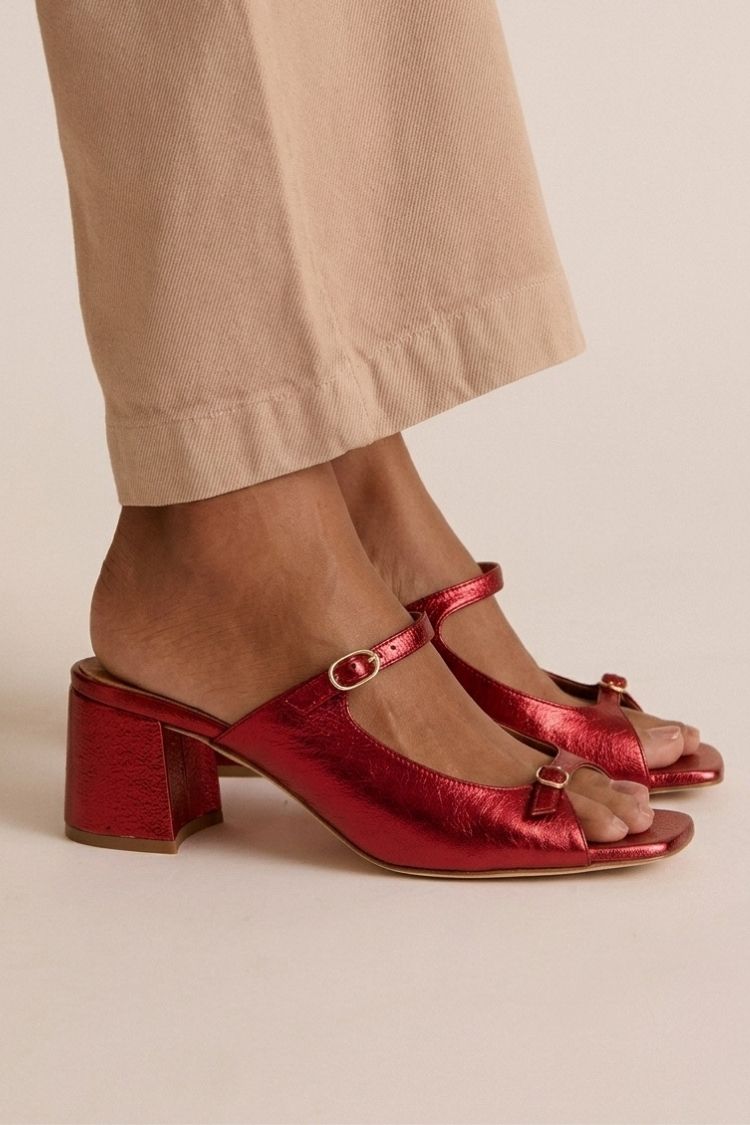 Breite Absatz Slingback Cut-Out Farbblock Gold