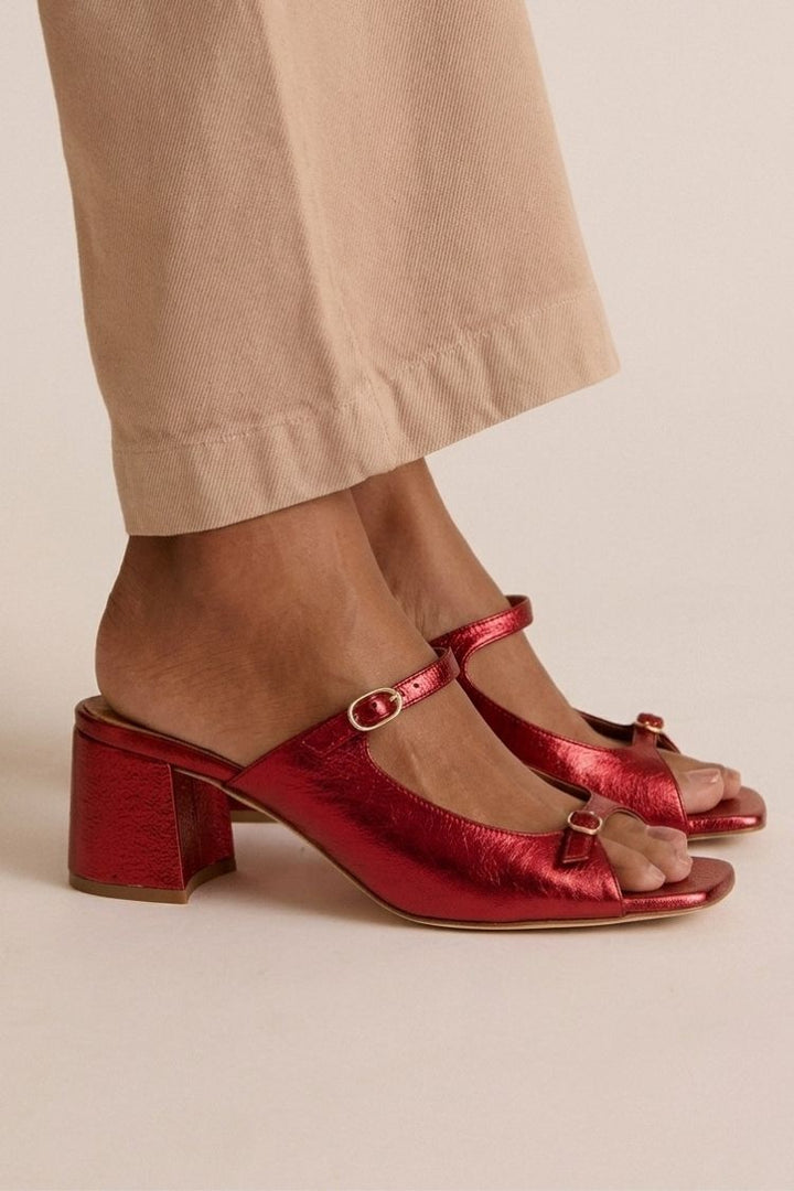 Breite Absatz Slingback Cut-Out Farbblock Gold