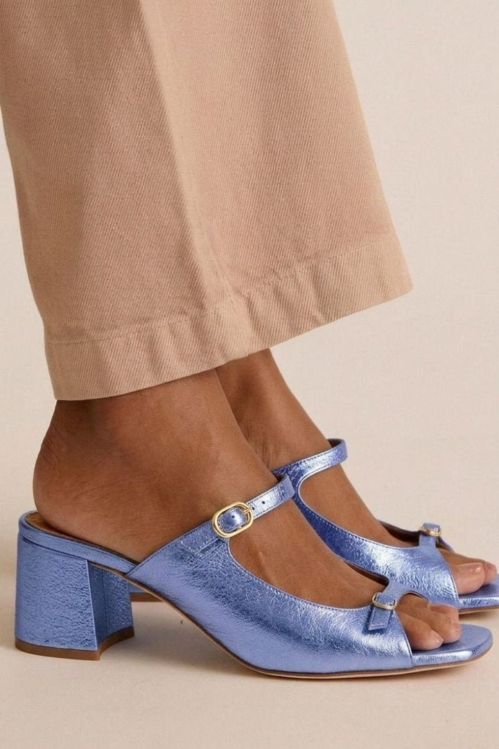 Breite Absatz Slingback Cut-Out Farbblock Gold