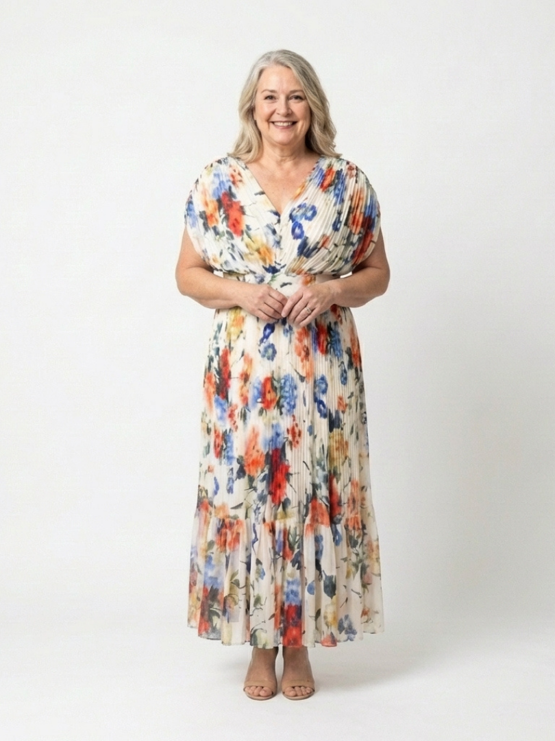 Savannah | Kurzärmeliges, plissiertes, florales Midikleid