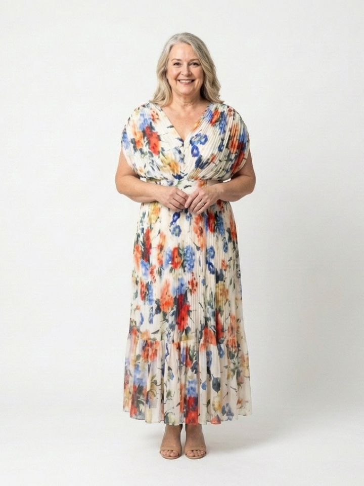 Savannah | Kurzärmeliges, plissiertes, florales Midikleid