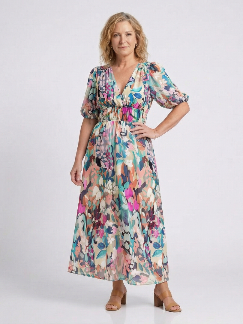 Eulalie | Midikleid mit V-Ausschnitt, kurzen Ärmeln und gereihter Taille