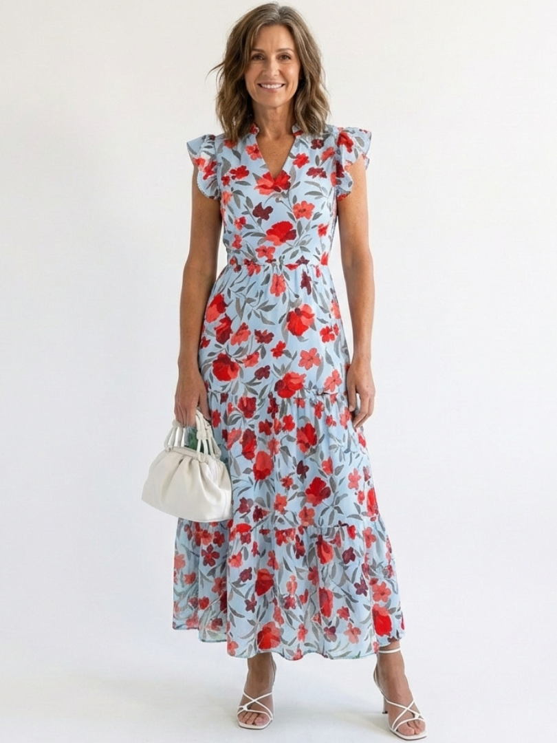 Lila | Midikleid mit V-Ausschnitt, Blumendruck und Volants