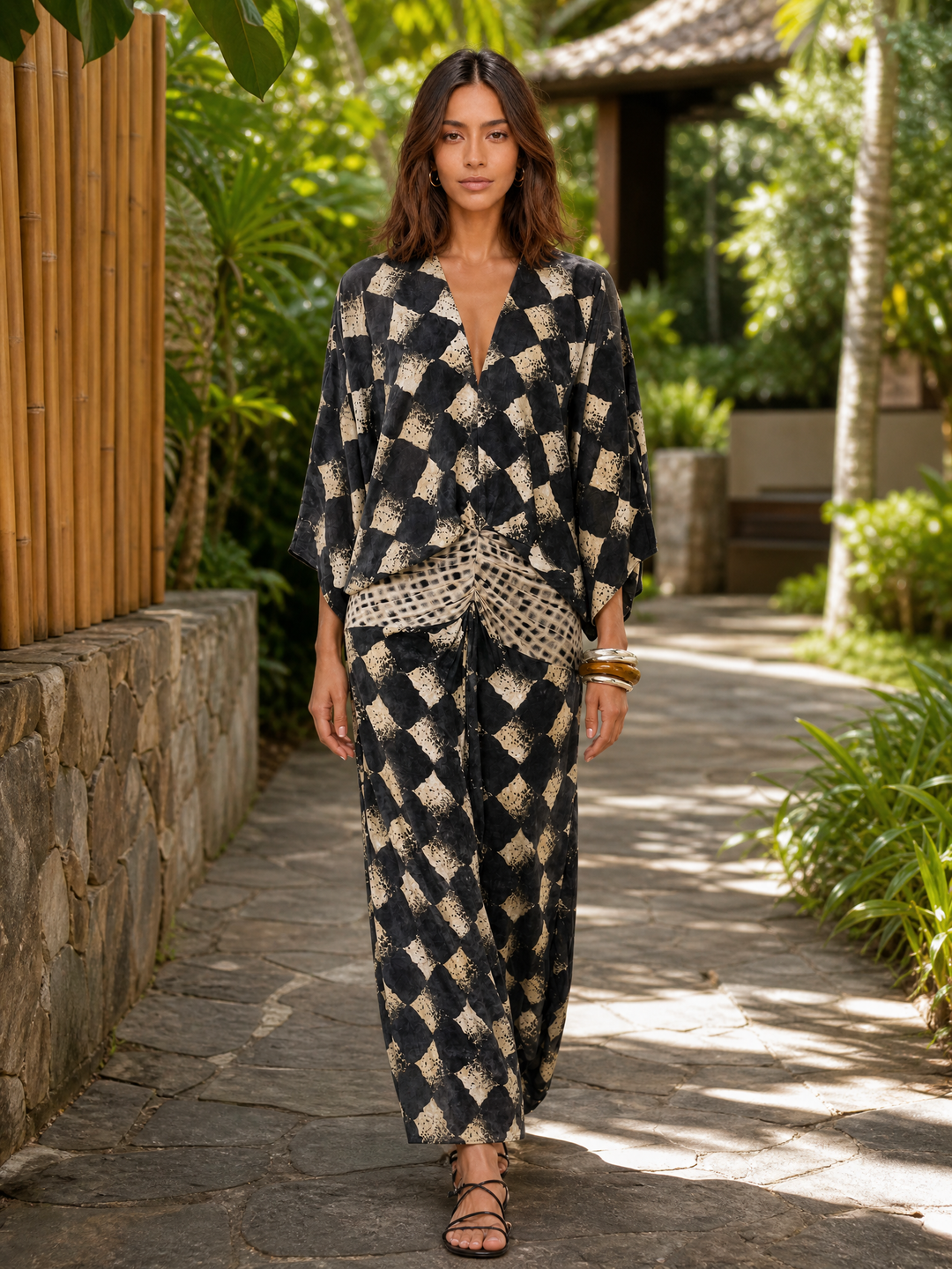 Maxi-Kimono mit abstraktem Muster