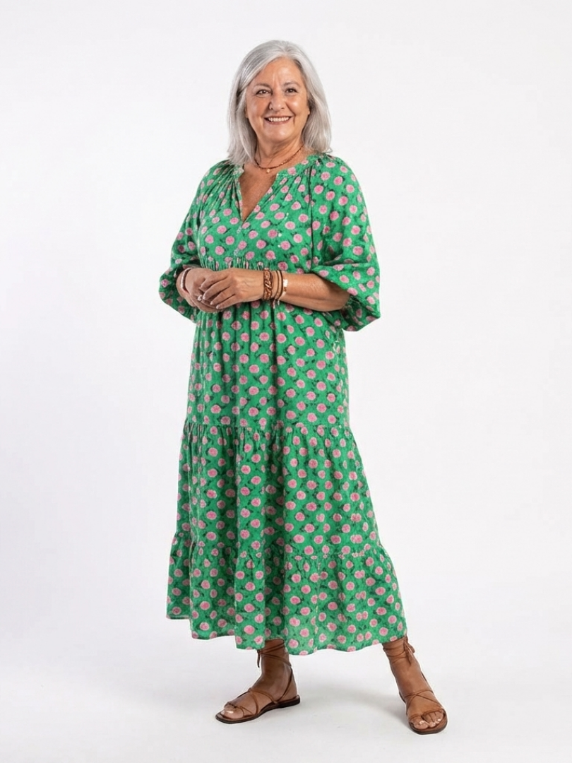 Fiora | Midikleid mit V-Ausschnitt, Blumendruck und Volants