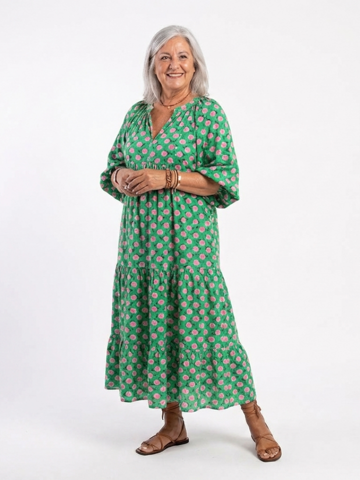 Fiora | Midikleid mit V-Ausschnitt, Blumendruck und Volants