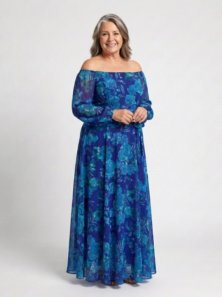 Aspen | Schulterfreies Maxikleid mit Blumendruck