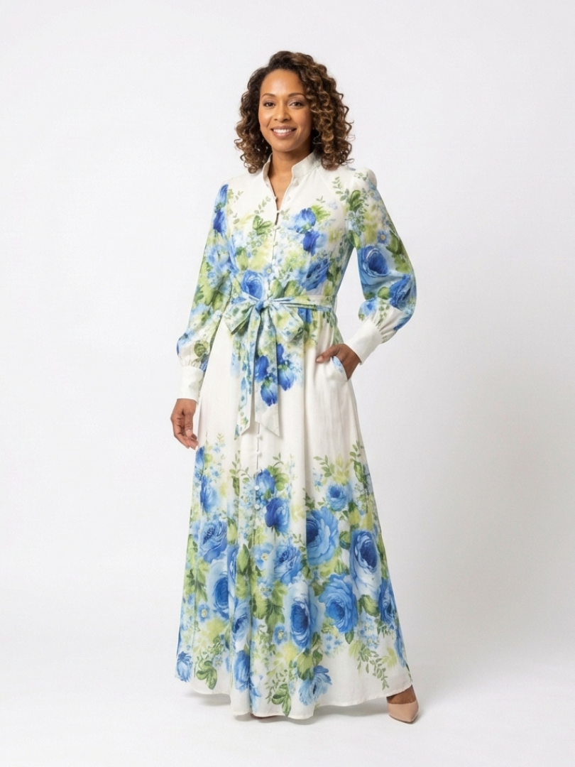Harper | Langärmliges Blumenknopf-Front Maxikleid