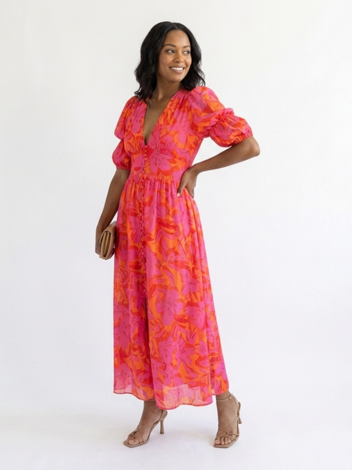 Willow | Midikleid mit V-Ausschnitt, Puffärmeln und Blumendruck