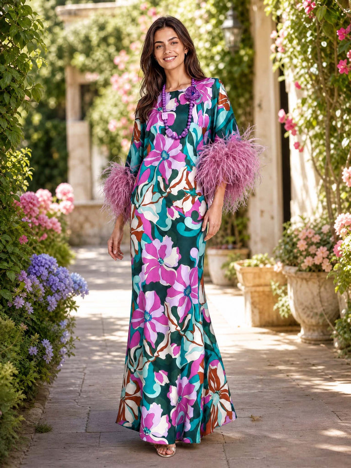 Maxi-Kleid aus satinierter Blumenstoff