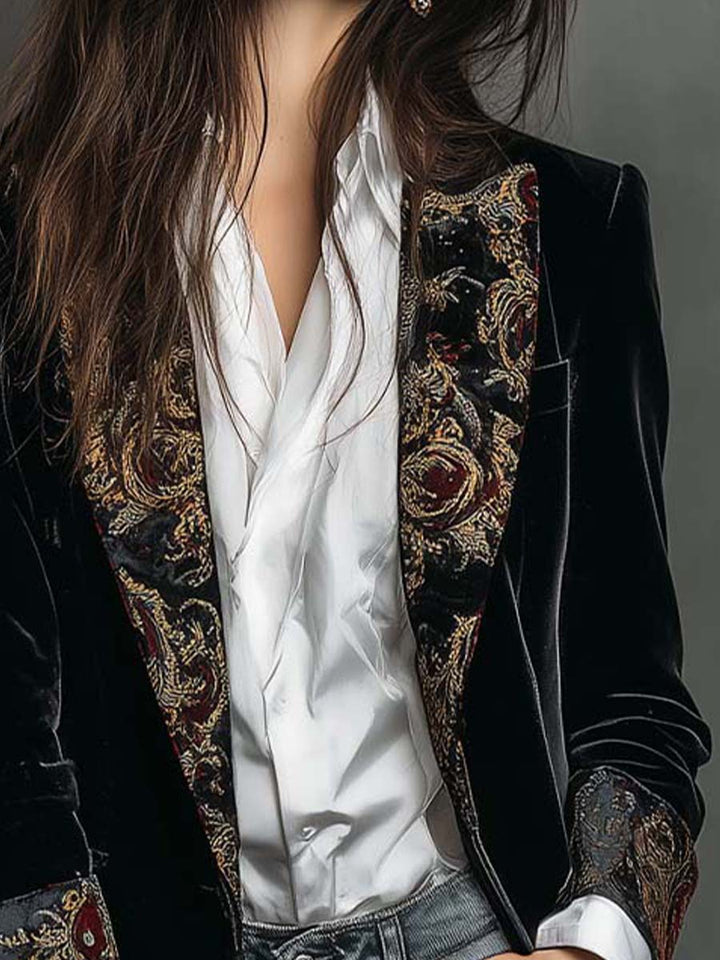 Léontine | Slim Fit Geprägter Barock Schwarzer Blazer