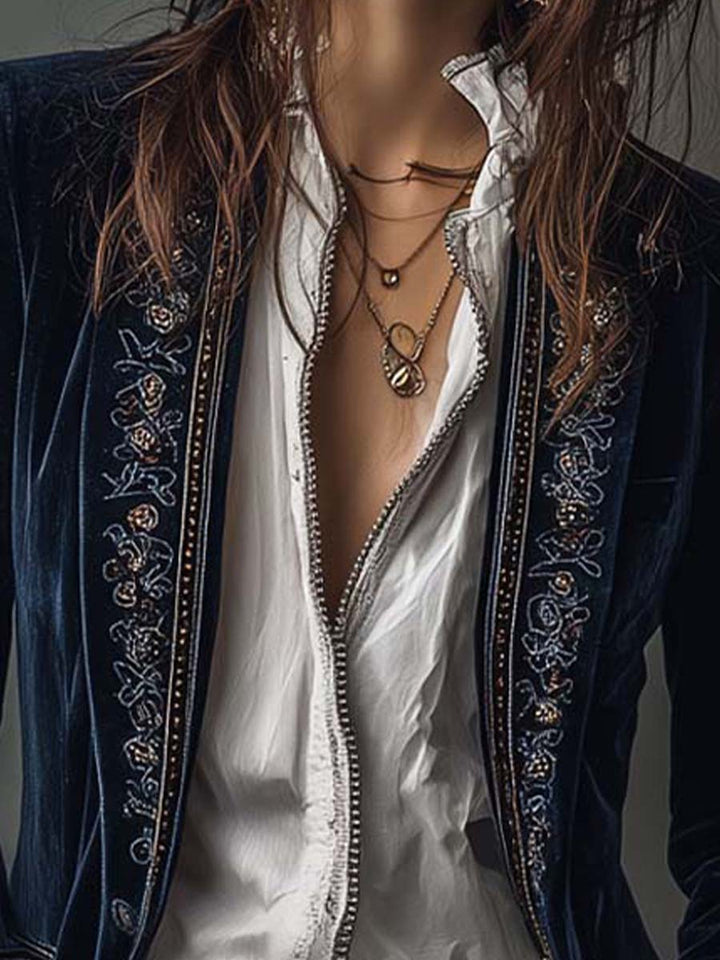 Athénaïs | Lange Bestickte Vintage-Jacke in Marineblau