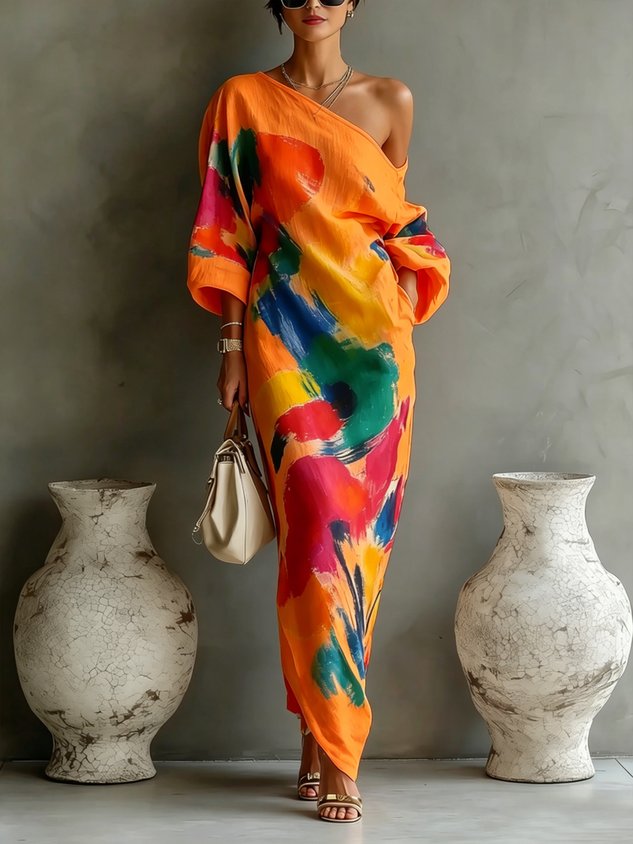 Maxikleid mit abstraktem Druck und einem Schulterträger