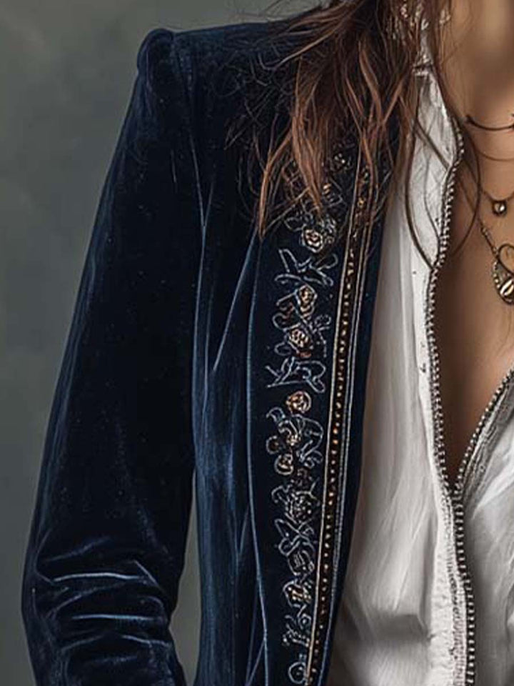 Athénaïs | Lange Bestickte Vintage Jacke Marineblau