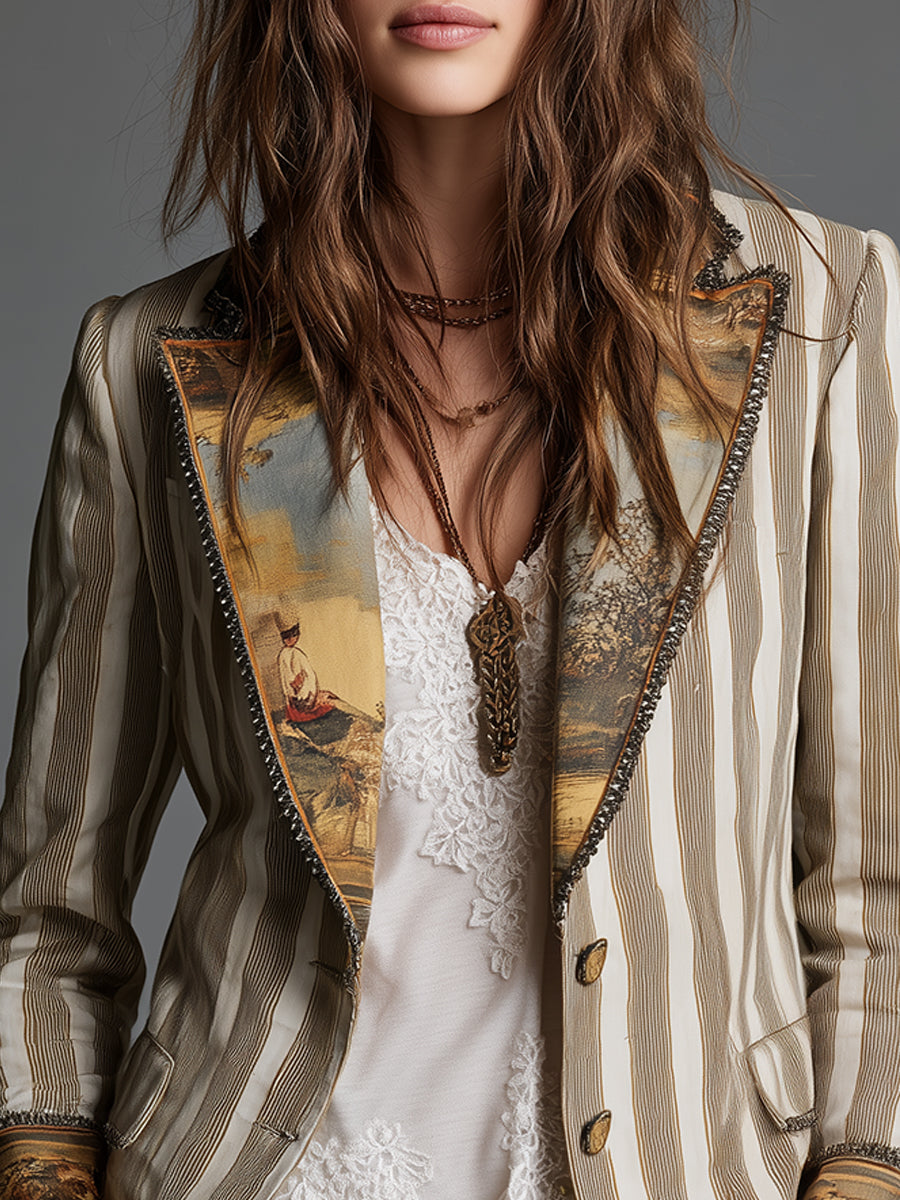 Suzanne | Bohemian Gestreifter Blazer mit Bedrucktem Kragen