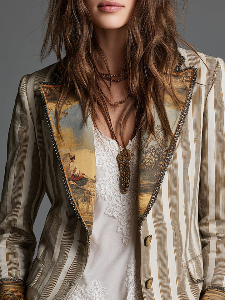 Suzanne | Bohemian Gestreifter Blazer mit Bedrucktem Kragen