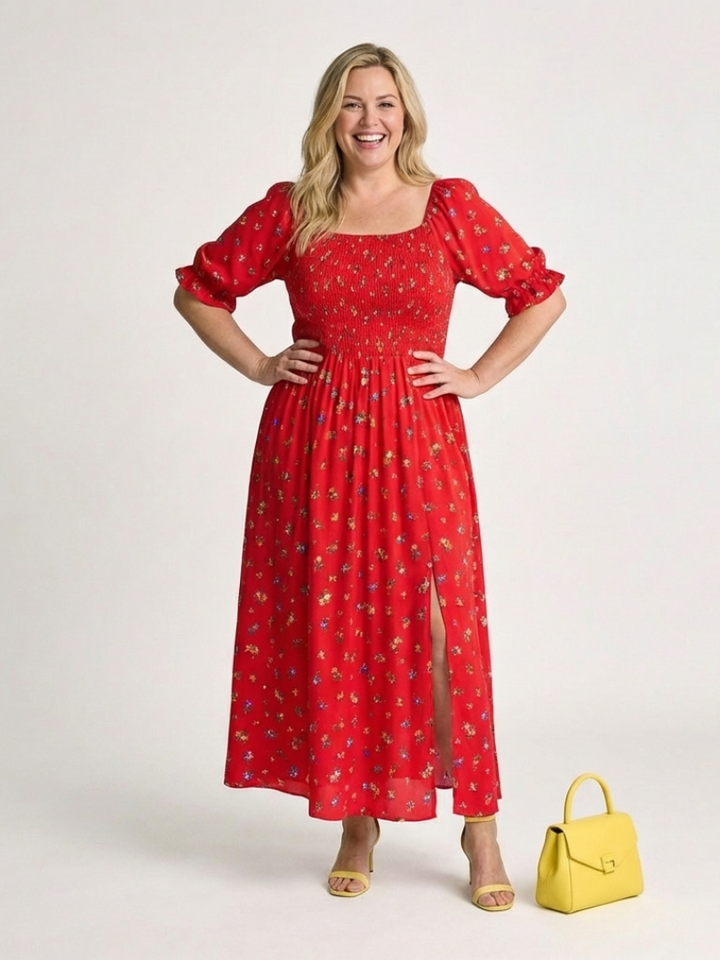 Delphine | Midikleid mit eckigem Ausschnitt, Puffärmeln und Blumendruck