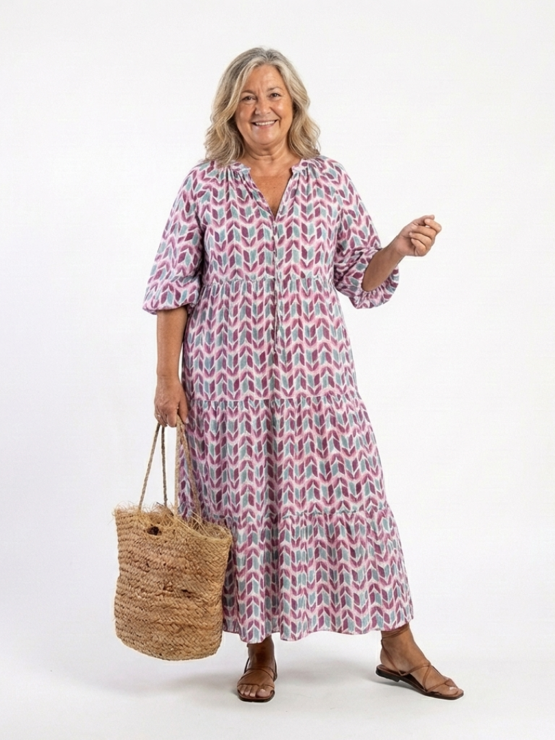 Mireya | Midikleid mit langen Ärmeln, geometrischem Druck und Volants