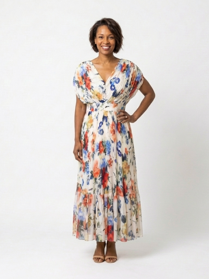 Savannah | Kurzärmeliges, plissiertes, florales Midikleid